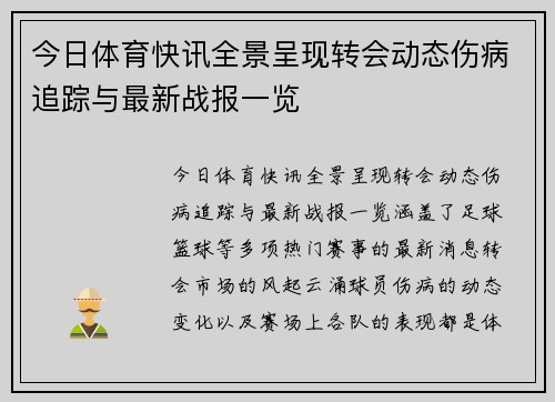 今日体育快讯全景呈现转会动态伤病追踪与最新战报一览